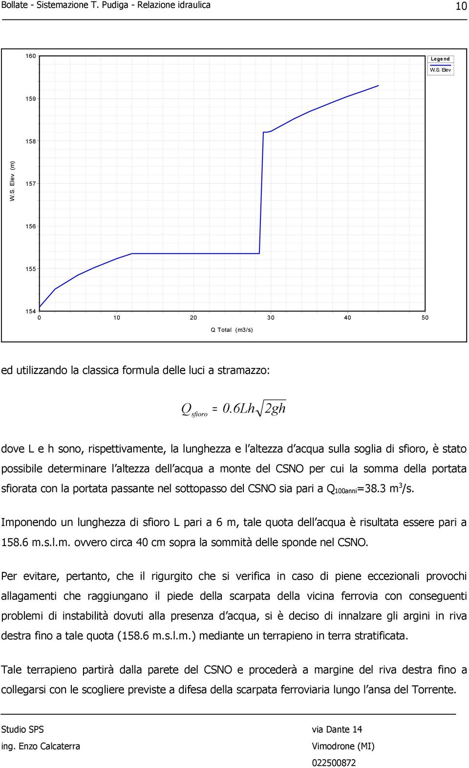 sfiorata con la portata passante nel sottopasso del CSNO sia pari a Q 100anni =38.3 m 3 /s. Imponendo un lunghezza di sfioro L pari a 6 m, tale quota dell acqua è risultata essere pari a 158.6 m.s.l.m. ovvero circa 40 cm sopra la sommità delle sponde nel CSNO.