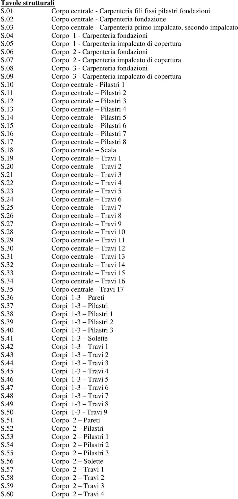 08 Corpo 3 - Carpenteria fondazioni S.09 Corpo 3 - Carpenteria impalcato di copertura S.10 Corpo centrale - Pilastri 1 S.11 Corpo centrale Pilastri 2 S.12 Corpo centrale Pilastri 3 S.