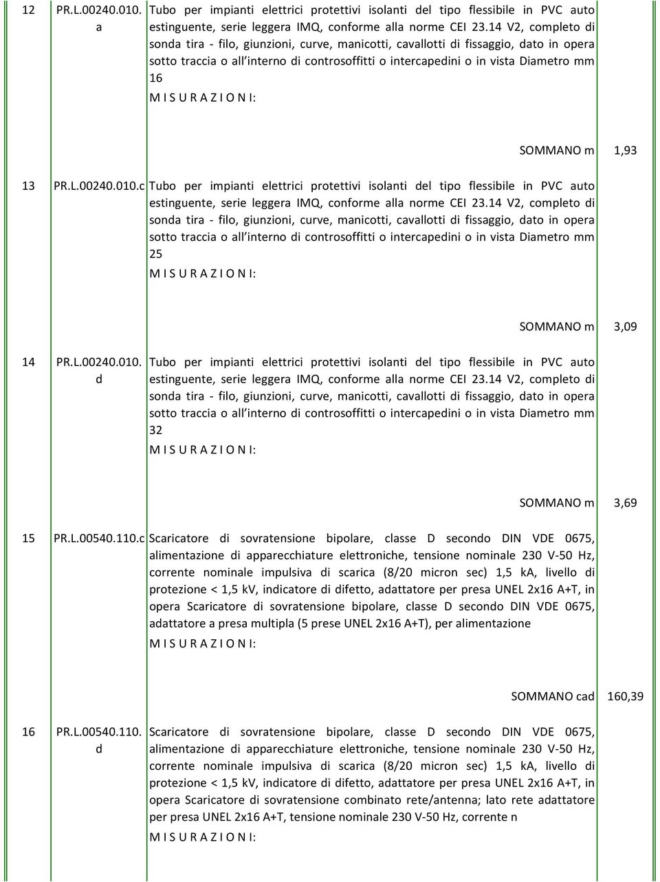 SOMMANO m 1,93 13 PR.L.00240.010.c Tuo per impianti elettrici protettivi isolanti del tipo flessiile in PVC auto estinguente, serie leggera IMQ, conforme alla norme CEI 23.