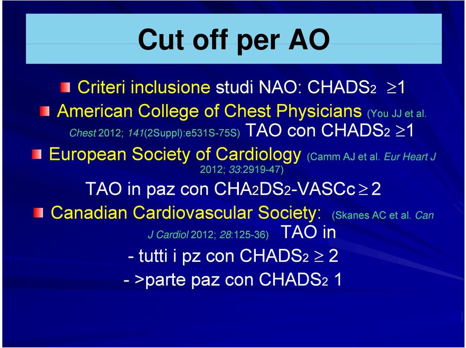 Eur Heart 2012; 33:2919-47) Eur Heart J TAO in paz con CHA2DS2-VASCc 2 Canadian Cardiovascular Society: