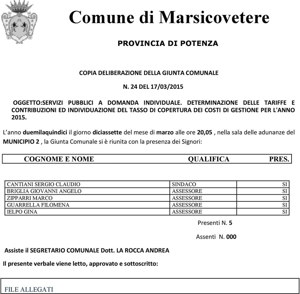 L anno duemilaquindici il giorno diciassette del mese di marzo alle ore 20,05, nella sala delle adunanze del MUNICIPIO 2, la Giunta Comunale si è riunita con la presenza dei Signori: COGNOME E NOME