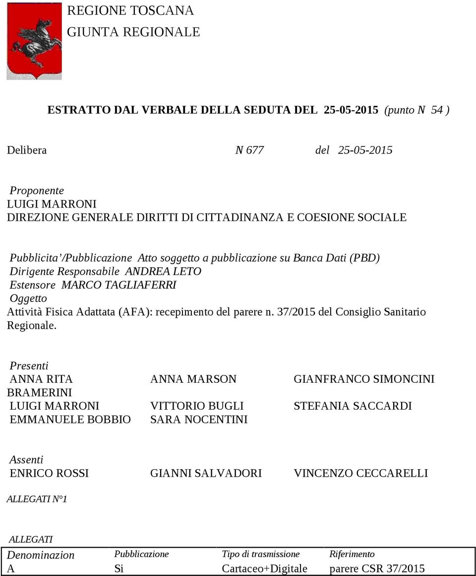 recepimento del parere n. 37/2015 del Consiglio Sanitario Regionale.