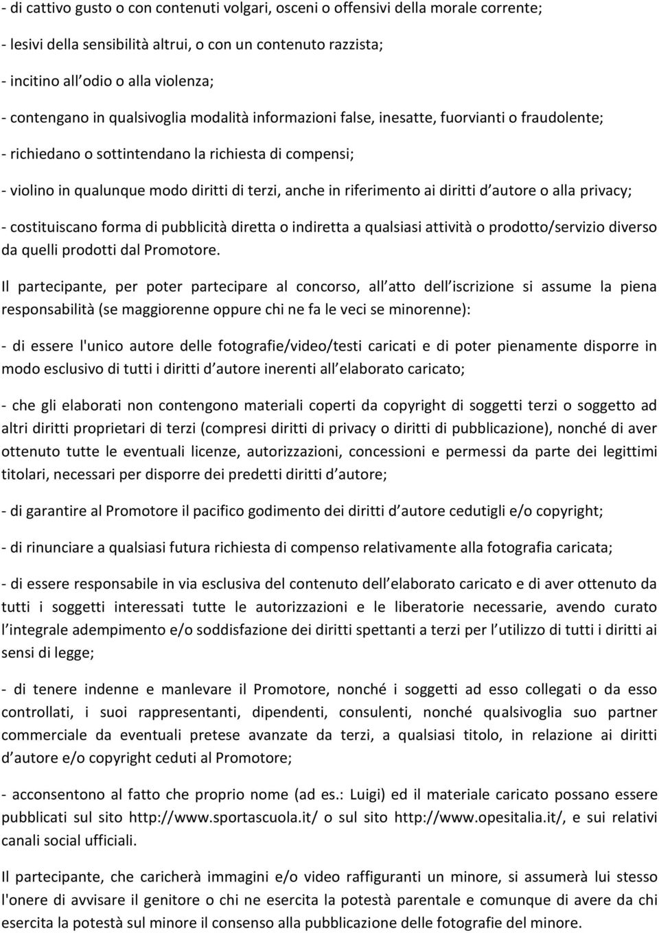 riferimento ai diritti d autore o alla privacy; - costituiscano forma di pubblicità diretta o indiretta a qualsiasi attività o prodotto/servizio diverso da quelli prodotti dal Promotore.