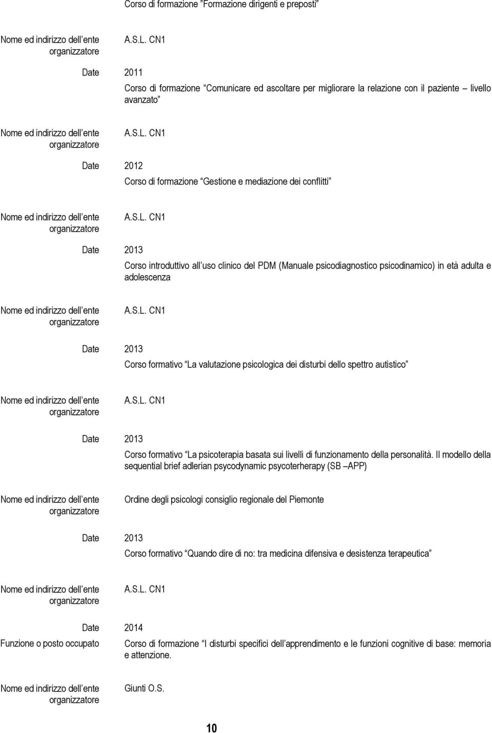 psicologica dei disturbi dello spettro autistico Date 2013 Corso formativo La psicoterapia basata sui livelli di funzionamento della personalità.