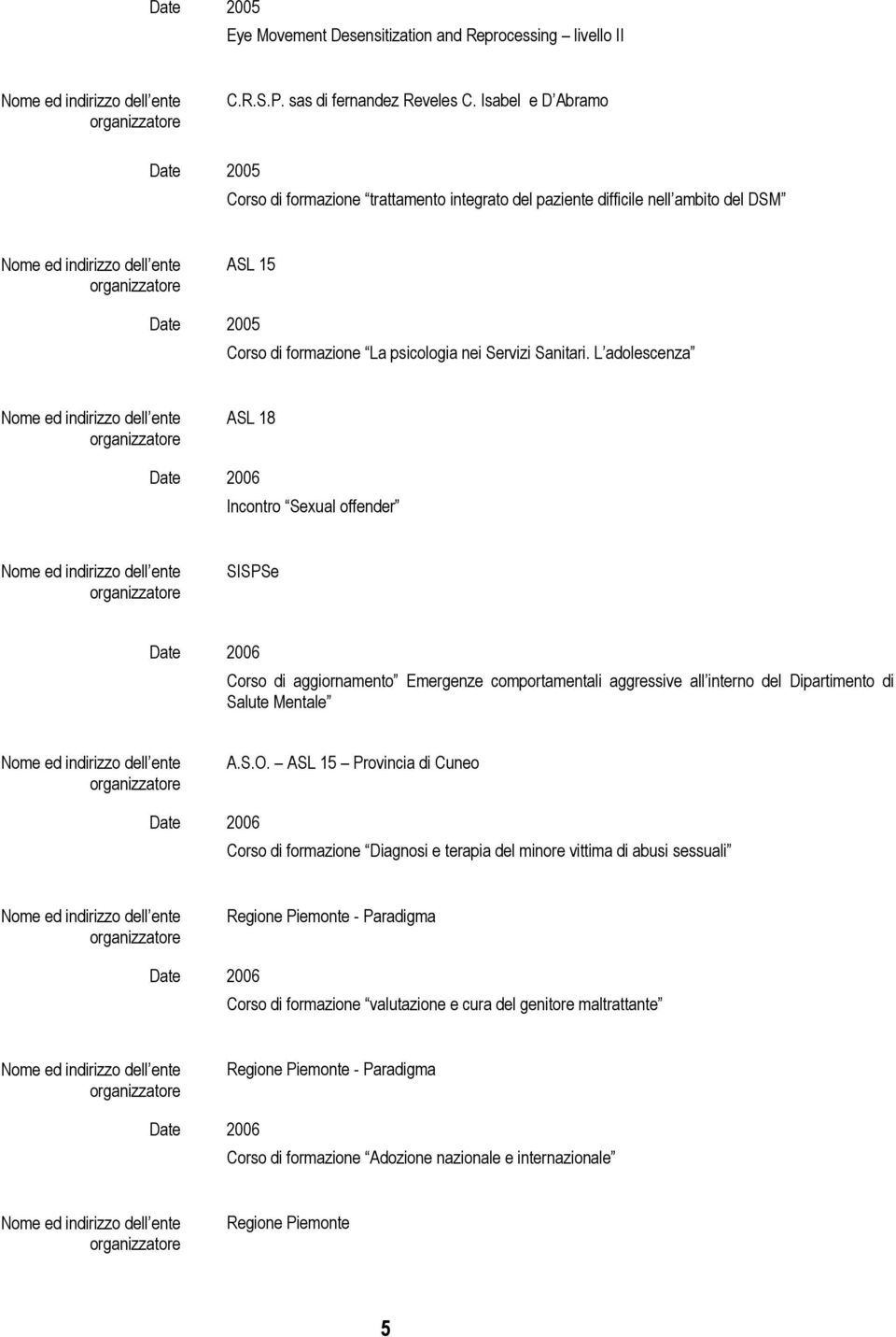 L adolescenza ASL 18 Incontro Sexual offender SISPSe Corso di aggiornamento Emergenze comportamentali aggressive all interno del Dipartimento di Salute Mentale A.S.O.