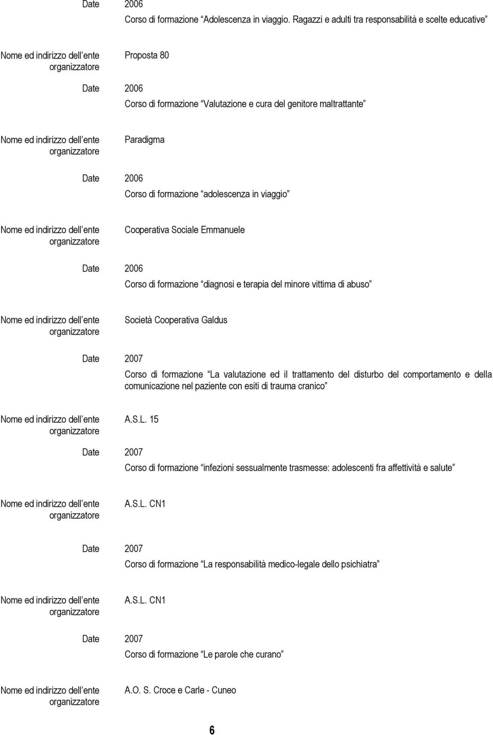 Cooperativa Sociale Emmanuele Corso di formazione diagnosi e terapia del minore vittima di abuso Società Cooperativa Galdus Corso di formazione La valutazione ed il trattamento del