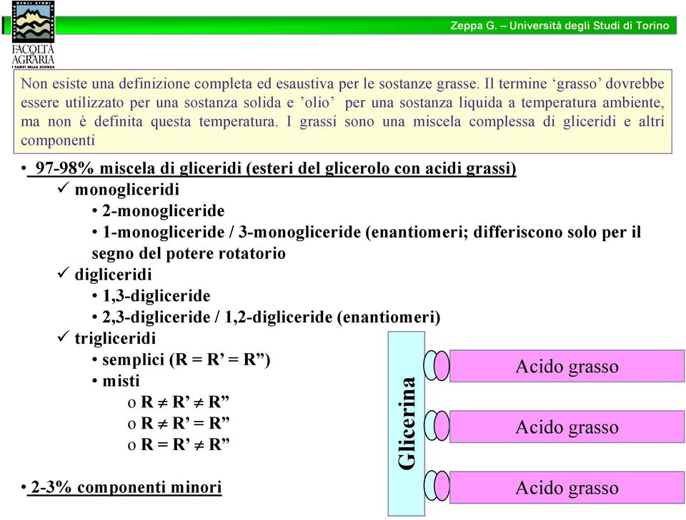 I grassi sono una miscela complessa di gliceridi e altri componenti 97-98% miscela di gliceridi (esteri del glicerolo con acidi grassi) monogliceridi 2-monogliceride