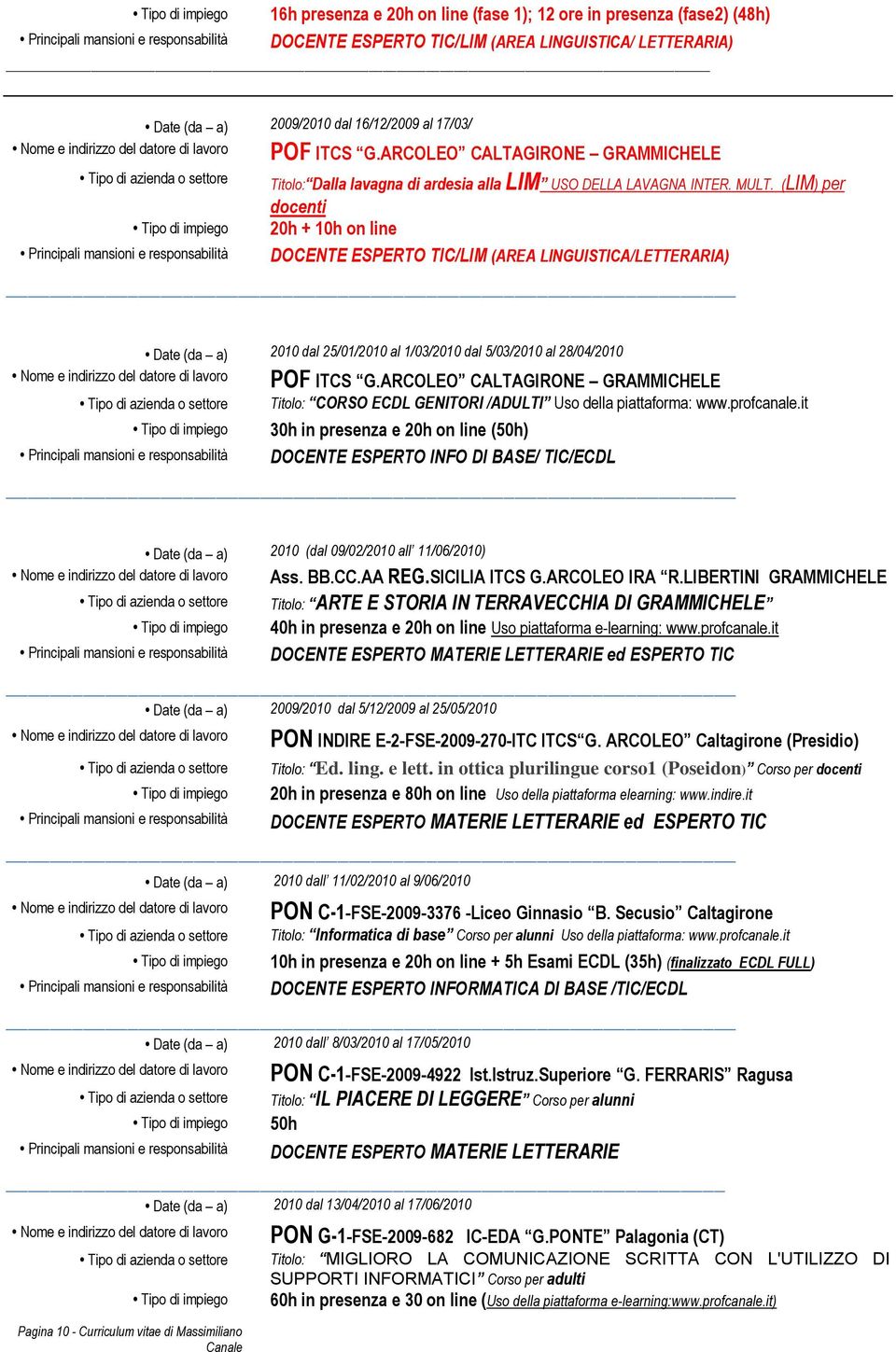 (LIM) per docenti 20h + 10h on line DOCENTE ESPERTO TIC/LIM (AREA LINGUISTICA/LETTERARIA) Date (da a) 2010 dal 25/01/2010 al 1/03/2010 dal 5/03/2010 al 28/04/2010 POF ITCS G.