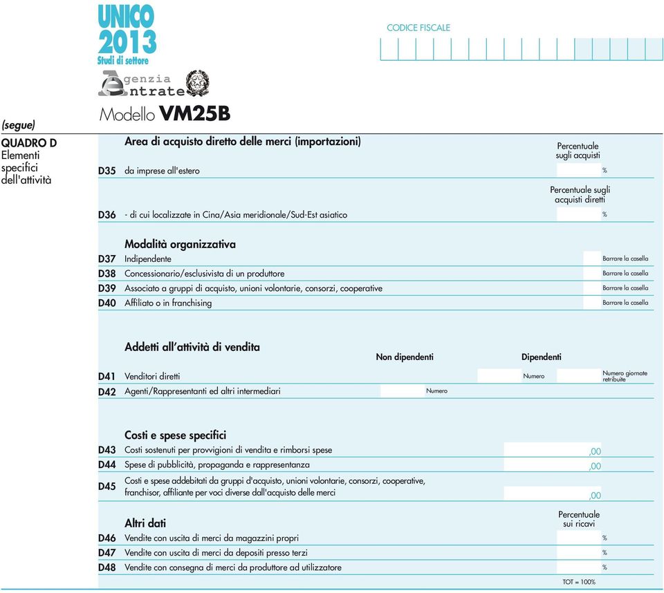 volontarie, consorzi, cooperative Affiliato o in franchising Addetti all attività di vendita Non dipendenti Dipendenti D4 D4 Venditori diretti Agenti/Rappresentanti ed altri intermediari giornate