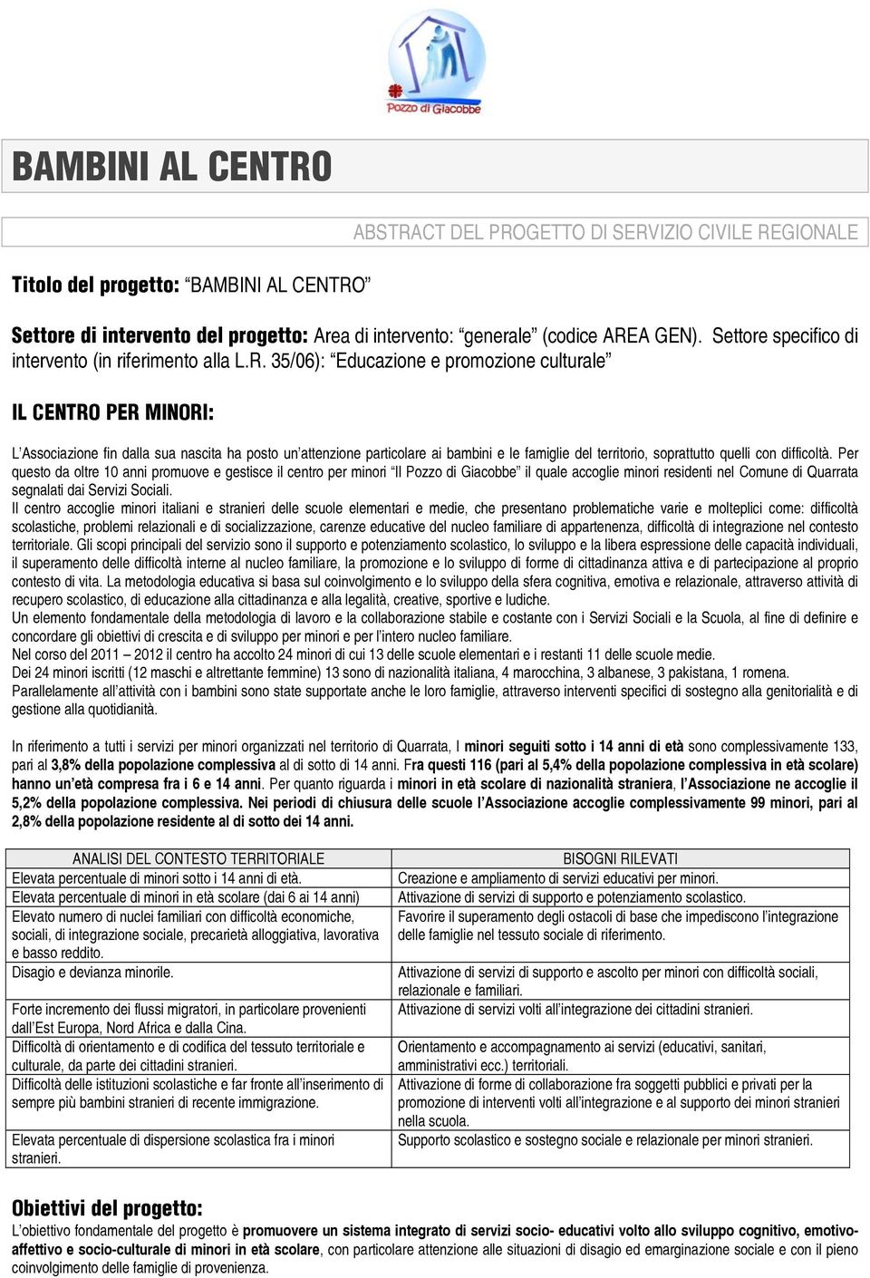 35/06): Educazione e promozione culturale IL CENTRO PER MINORI: L Associazione fin dalla sua nascita ha posto un attenzione particolare ai bambini e le famiglie del territorio, soprattutto quelli con