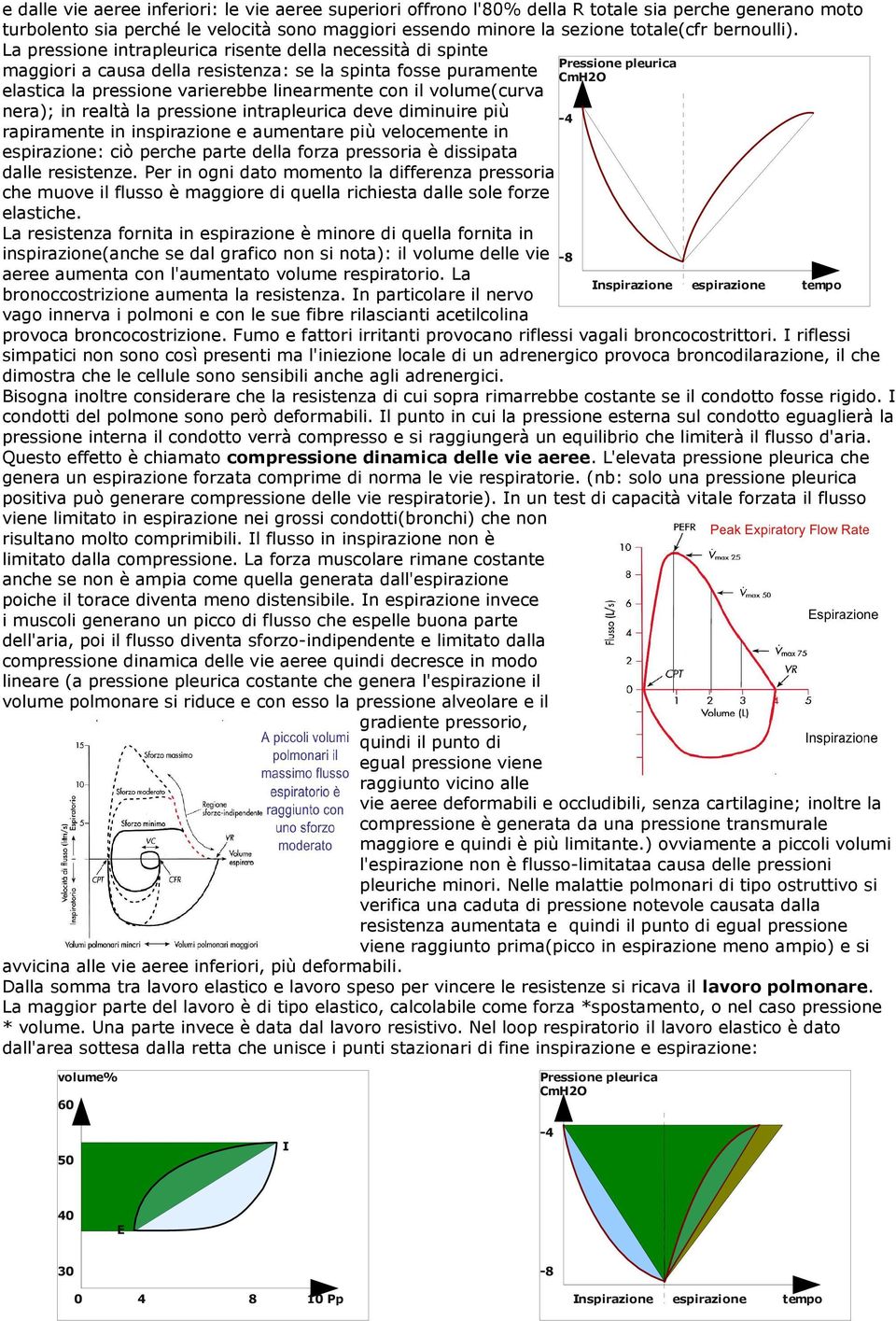 La pressione intrapleurica risente della necessità di spinte maggiori a causa della resistenza: se la spinta fosse puramente elastica la pressione varierebbe linearmente con il volume(curva nera); in