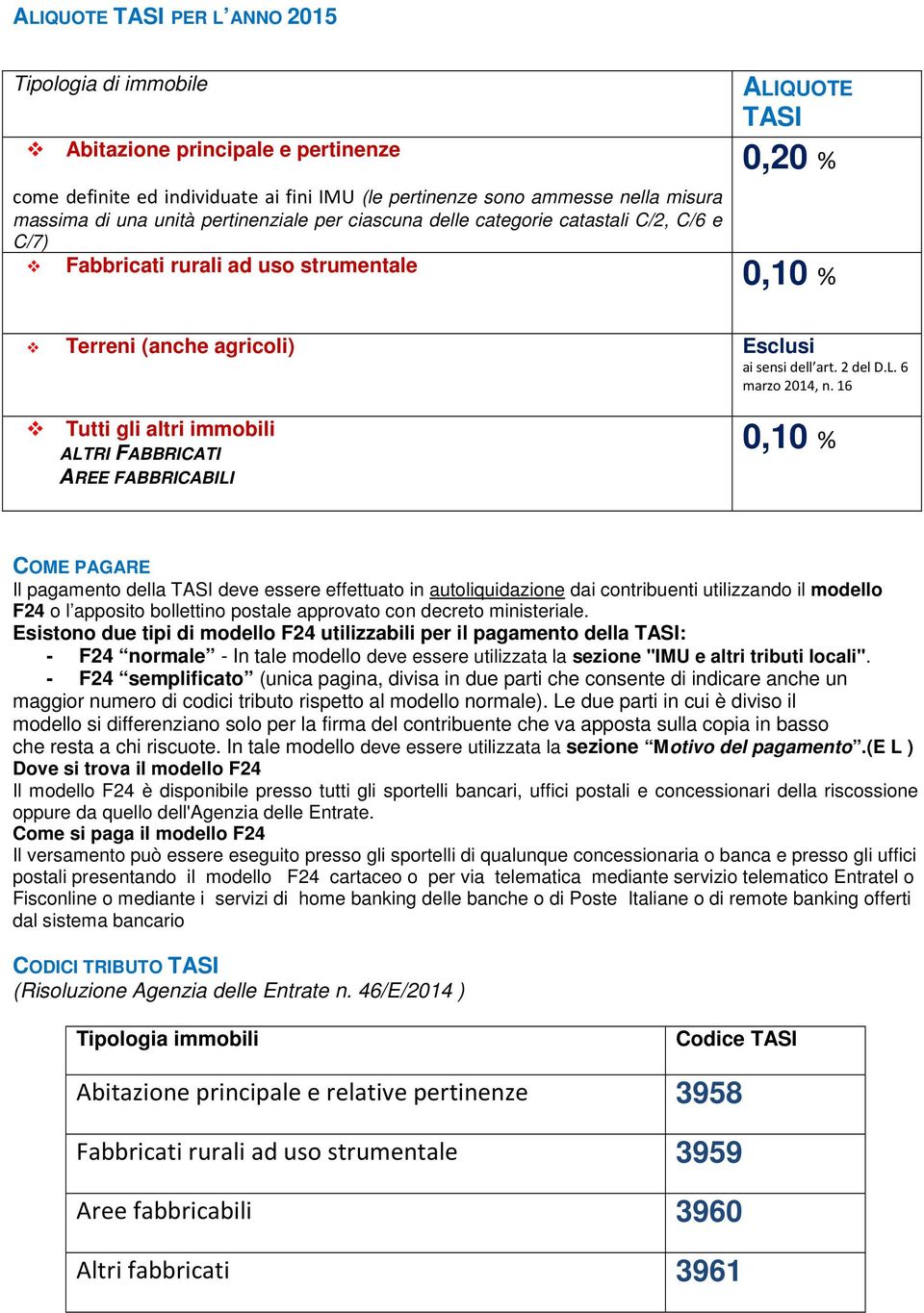 16 Tutti gli altri immobili ALTRI FABBRICATI AREE FABBRICABILI 0,10 % COME PAGARE Il pagamento della TASI deve essere effettuato in autoliquidazione dai contribuenti utilizzando il modello F24 o l