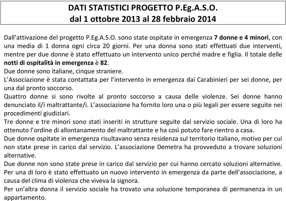 Due donne sono italiane, cinque straniere. L Associazione è stata contattata per l intervento in emergenza dai Carabinieri per sei donne, per una dal pronto soccorso.