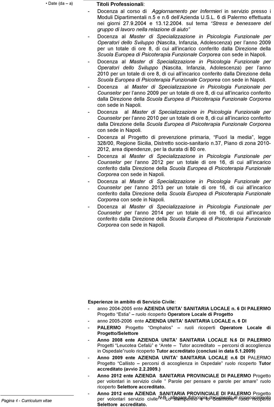 (Nascita, Infanzia, Adolescenza) per l anno 2010 Counselor per l anno 2009 per un totale di ore 8, di cui all incarico conferito dalla Direzione della Scuola Europea di Psicoterapia Funzionale