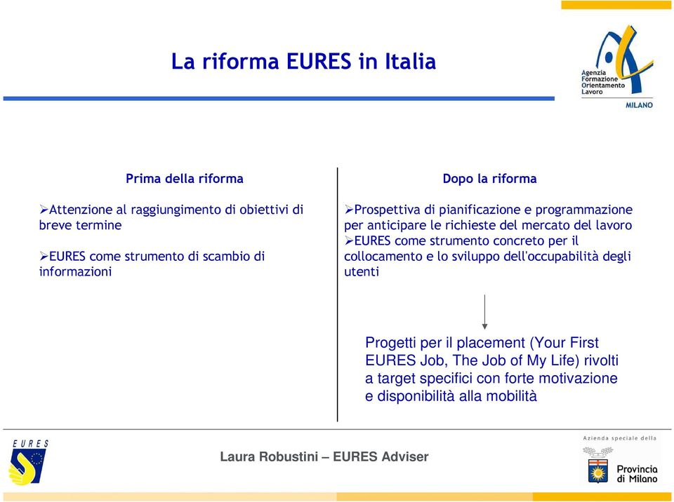 mercato del lavoro EURES come strumento concreto per il collocamento e lo sviluppo dell'occupabilità degli utenti Progetti per