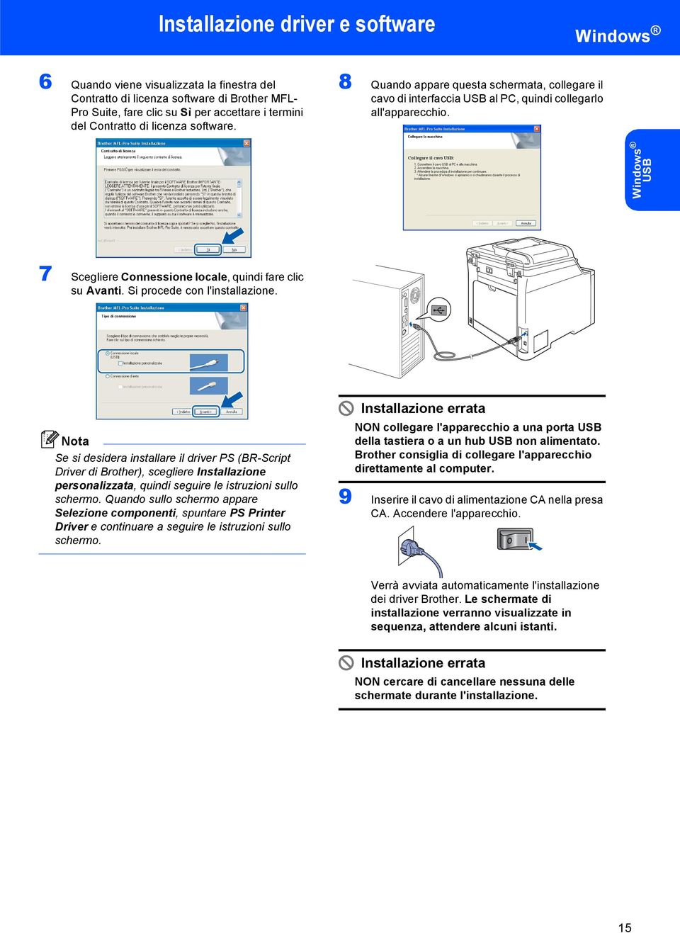 Si procede con l'installazione. Se si desidera installare il driver PS (BR-Script Driver di Brother), scegliere Installazione personalizzata, quindi seguire le istruzioni sullo schermo.