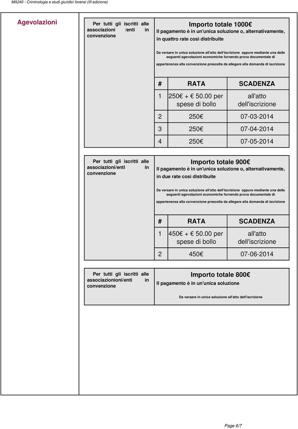 iscrizione # RATA SCADENZA 1 250 + 50.