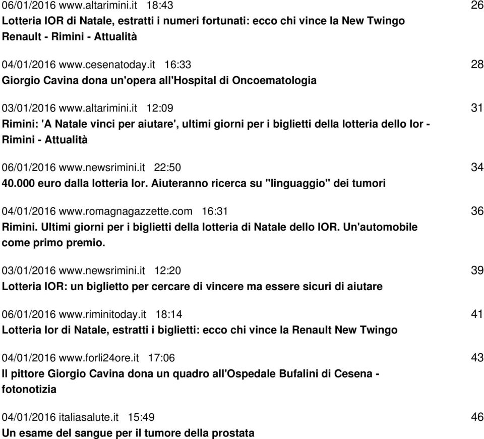 it 12:09 Rimini: 'A Natale vinci per aiutare', ultimi giorni per i biglietti della lotteria dello Ior - Rimini - Attualità 06/01/2016 www.newsrimini.it 22:50 40.000 euro dalla lotteria Ior.