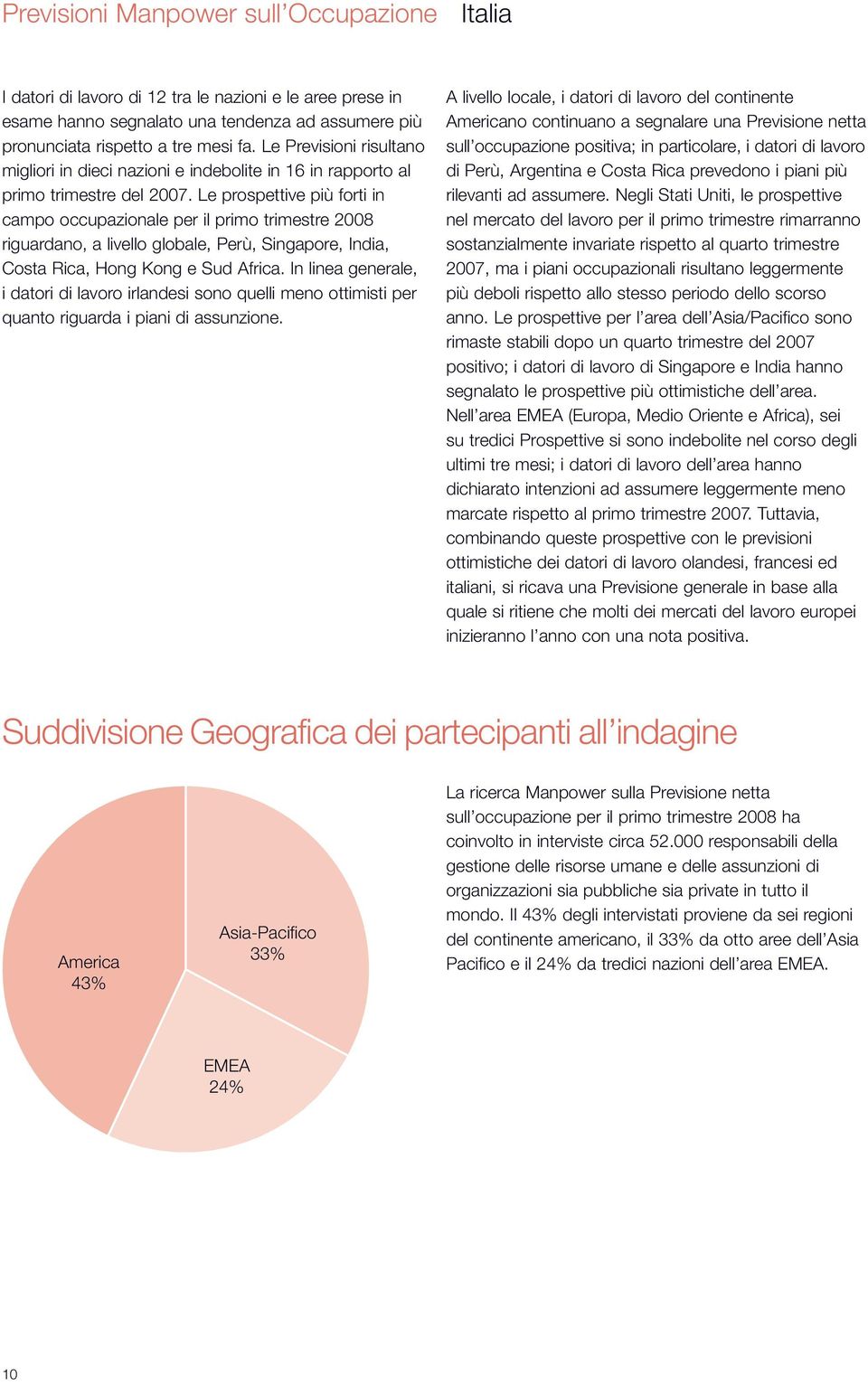 Le prospettive più forti in campo occupazionale per il primo trimestre 28 riguardano, a livello globale, Perù, Singapore, India, Costa Rica, Hong Kong e Sud Africa.