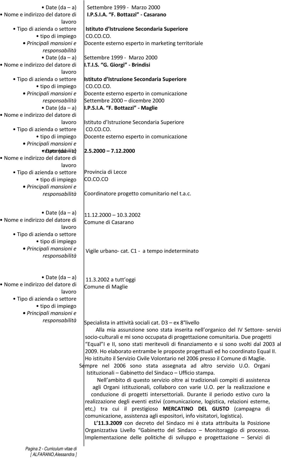 2000 Provincia di Lecce CO.CO.CO Coordinatore progetto comunitario nel t.a.c. 11.12.2000 10.3.2002 Comune di Casarano Vigile urbano- cat. C1 - a tempo indeterminato Pagina 2 - Curriculum vitae di 11.