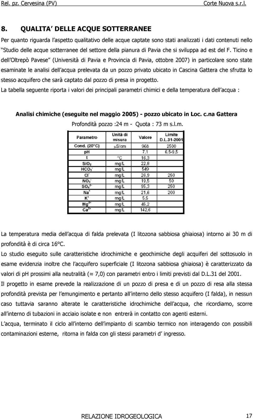 Ticino e dell Oltrepò Pavese (Università di Pavia e Provincia di Pavia, ottobre 2007) in particolare sono state esaminate le analisi dell acqua prelevata da un pozzo privato ubicato in Cascina