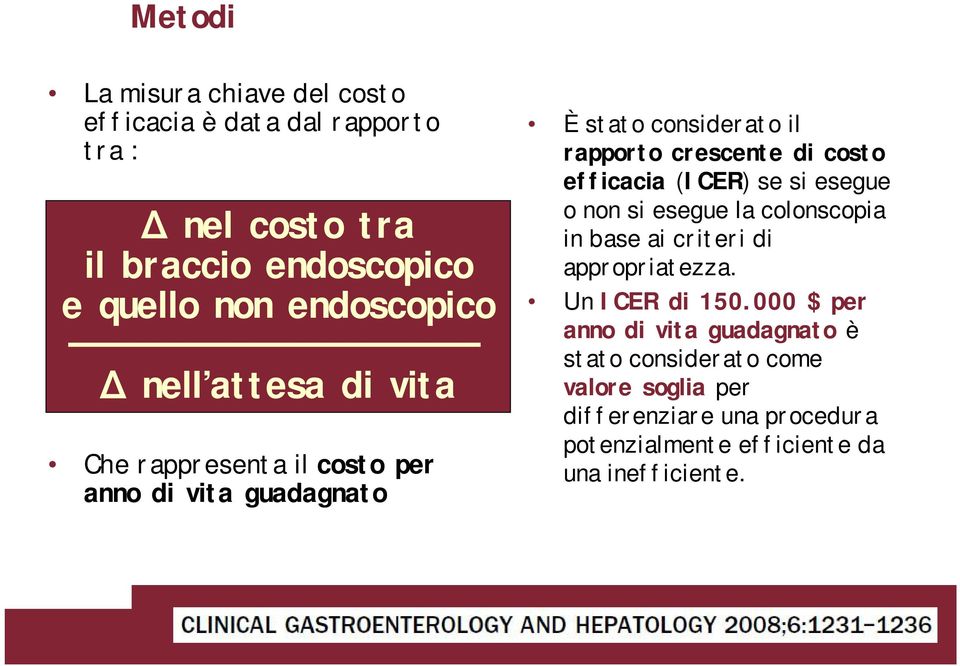 costo efficacia (ICER) se si esegue o non si esegue la colonscopia in base ai criteri di appropriatezza. Un ICER di 150.