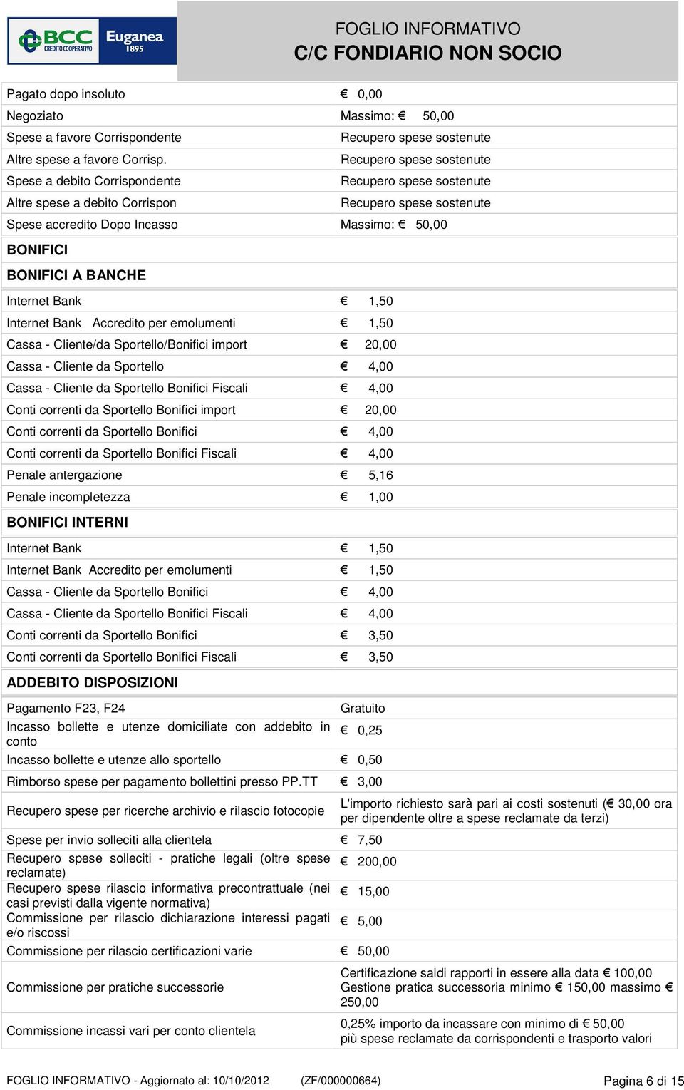 50,00 BONIFICI BONIFICI A BANCHE Internet Bank 1,50 Internet Bank Accredito per emolumenti 1,50 Cassa - Cliente/da Sportello/Bonifici import 20,00 Cassa - Cliente da Sportello 4,00 Cassa - Cliente da