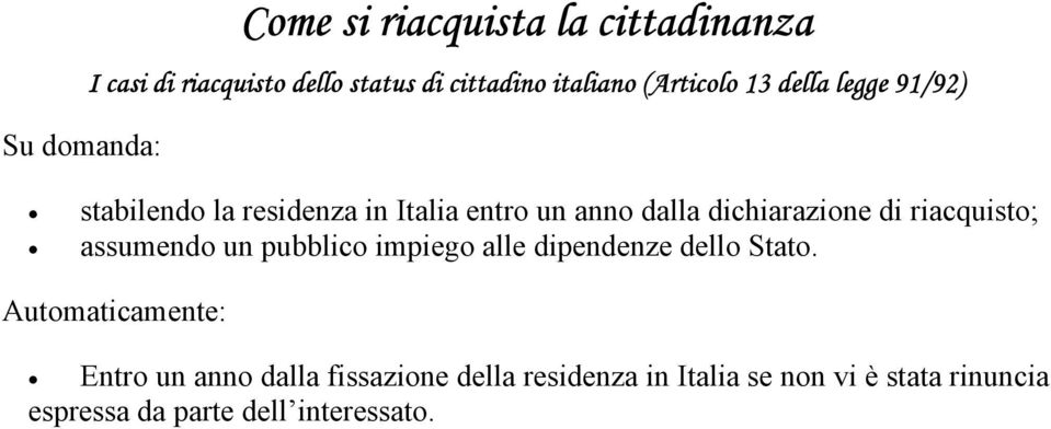 riacquisto; assumendo un pubblico impiego alle dipendenze dello Stato.