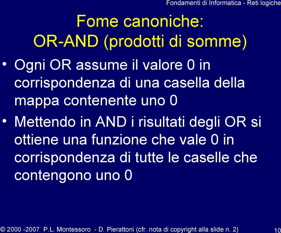 i risultati degli OR si ottiene una funzione che vale 0 in corrispondenza di tutte le caselle che