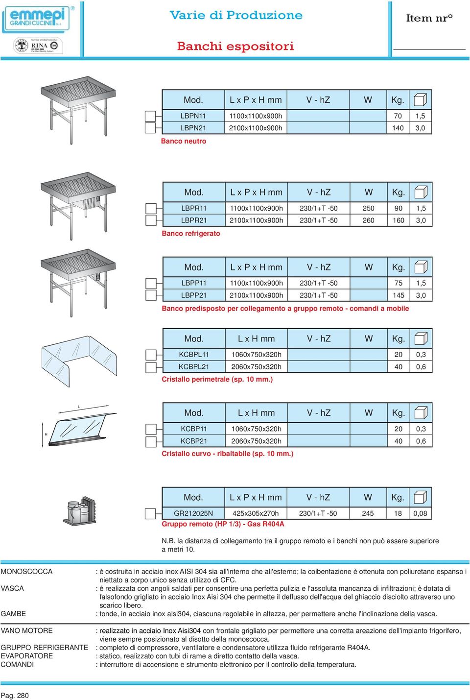 L x H mm V - hz W Kg. KCBPL11 1060x750x320h 20 0,3 KCBPL21 2060x750x320h 40 0,6 Cristallo perimetrale (sp. 10 mm.) Mod. L x H mm V - hz W Kg.