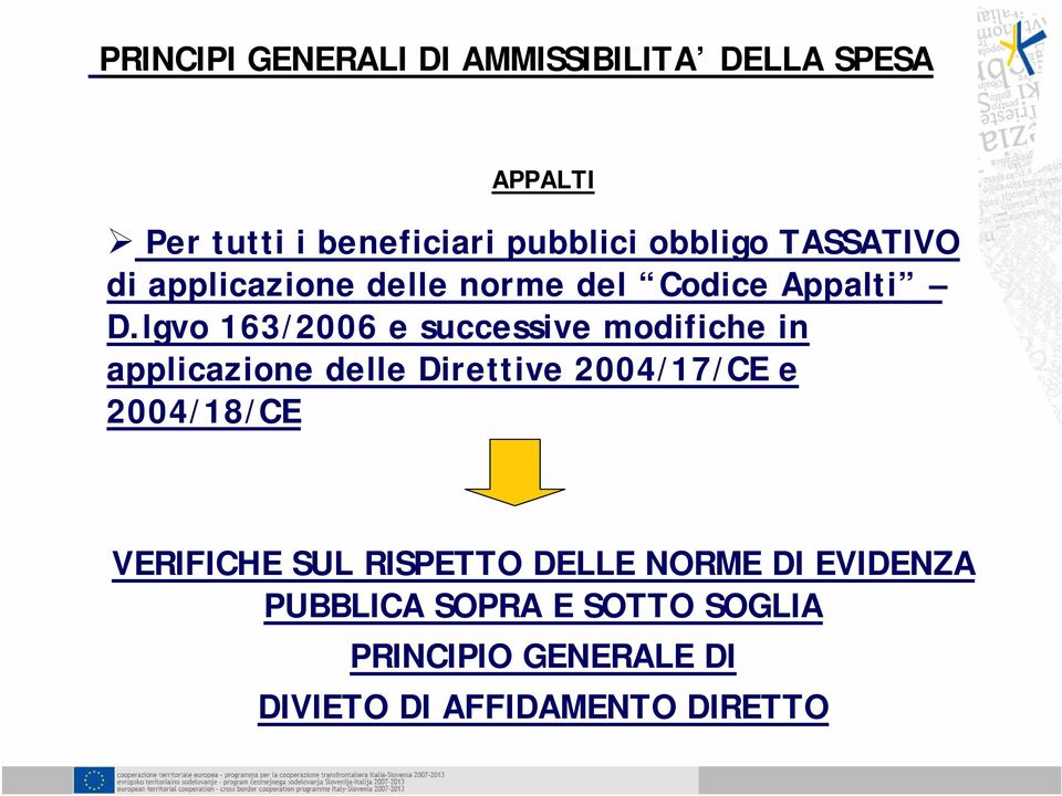 lgvo 163/2006 e successive modifiche in applicazione delle Direttive 2004/17/CE e 2004/18/CE