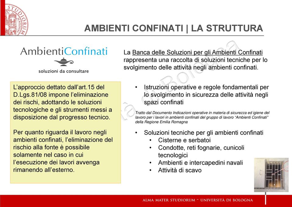 Per quanto riguarda il lavoro negli ambienti confinati, l eliminazione del rischio alla fonte è possibile solamente nel caso in cui l esecuzione dei lavori avvenga rimanendo all esterno.