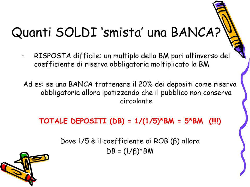 obbligatoria moltiplicato la BM Ad es: se una BANCA trattenere il 20% dei depositi come riserva