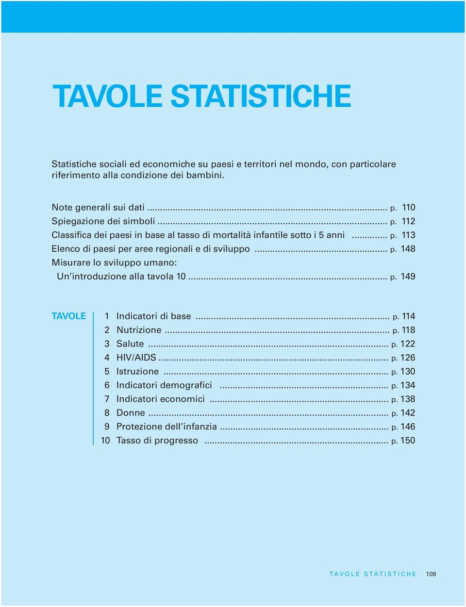 .. p. 149 TAVOLE 1 Indicatori di base... p. 114 2 Nutrizione... p. 118 3 Salute... p. 122 4 HIV/AIDS... p. 126 5 Istruzione... p. 130 6 Indicatori demografici... p. 134 7 Indicatori economici.