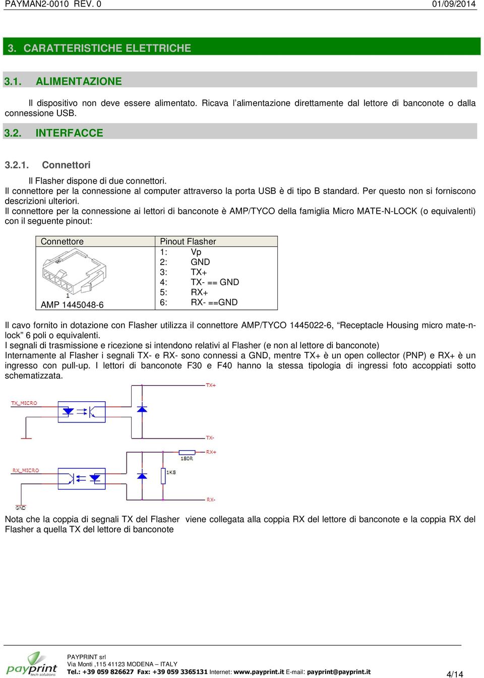 Il connettore per la connessione ai lettori di banconote è AMP/TYCO della famiglia Micro MATE-N-LOCK (o equivalenti) con il seguente pinout: Connettore AMP 1445048-6 Pinout Flasher 1: Vp 2: GND 3: