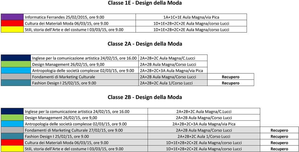 Lucci Design Management 26/02/15, ore 9,00 2A+2B Aula Magna/Corso Lucci Antropologia delle società complesse 02/03/15, ore 9.