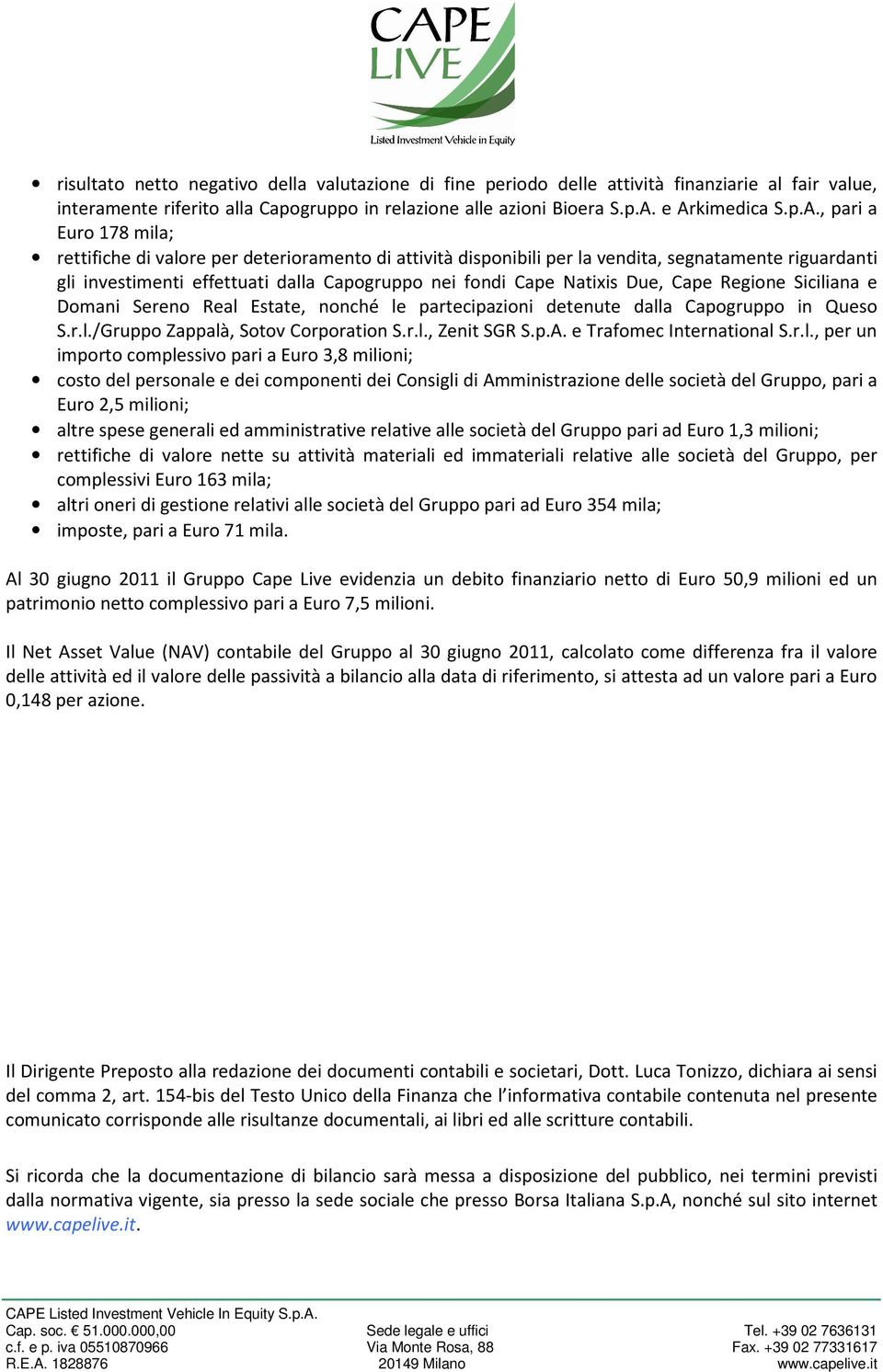 fondi Cape Natixis Due, Cape Regione Siciliana e Domani Sereno Real Estate, nonché le partecipazioni detenute dalla Capogruppo in Queso S.r.l./Gruppo Zappalà, Sotov Corporation S.r.l., Zenit SGR S.p.A.