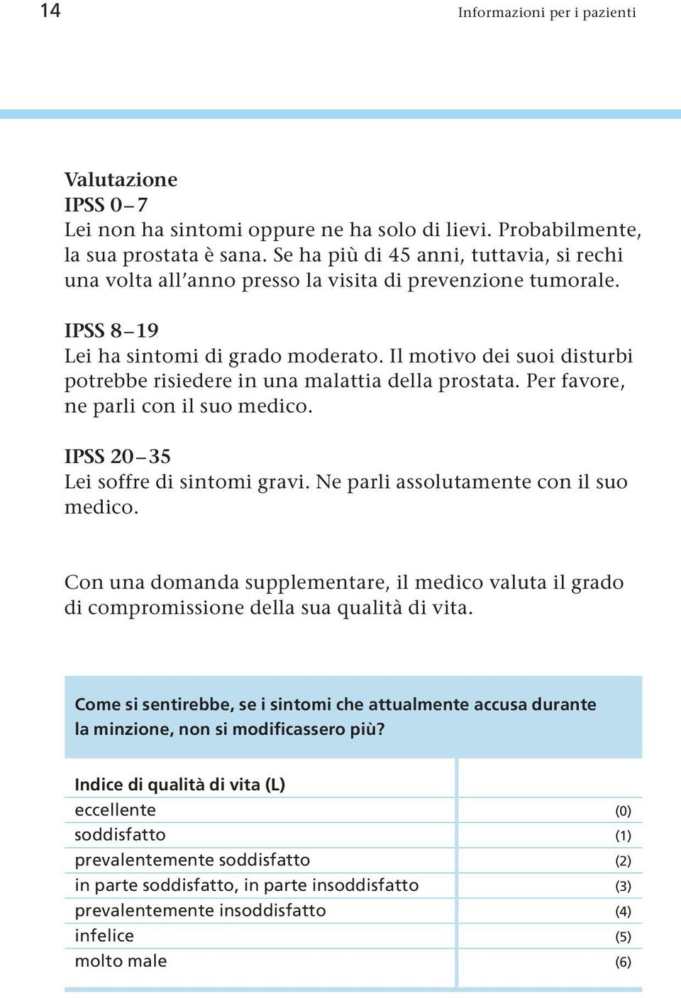 Il motivo dei suoi disturbi potrebbe risiedere in una malattia della prostata. Per favore, ne parli con il suo medico. IPSS 20 35 Lei soffre di sintomi gravi. Ne parli assolutamente con il suo medico.