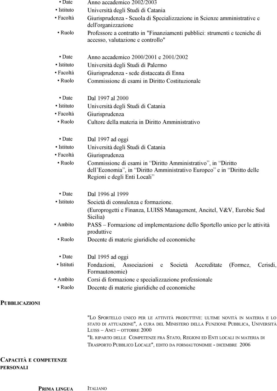 distaccata di Enna Ruolo Commissione di esami in Diritto Costituzionale Dal 1997 al 2000 Istituto Università degli Studi di Catania Facoltà Giurisprudenza Ruolo Cultore della materia in Diritto