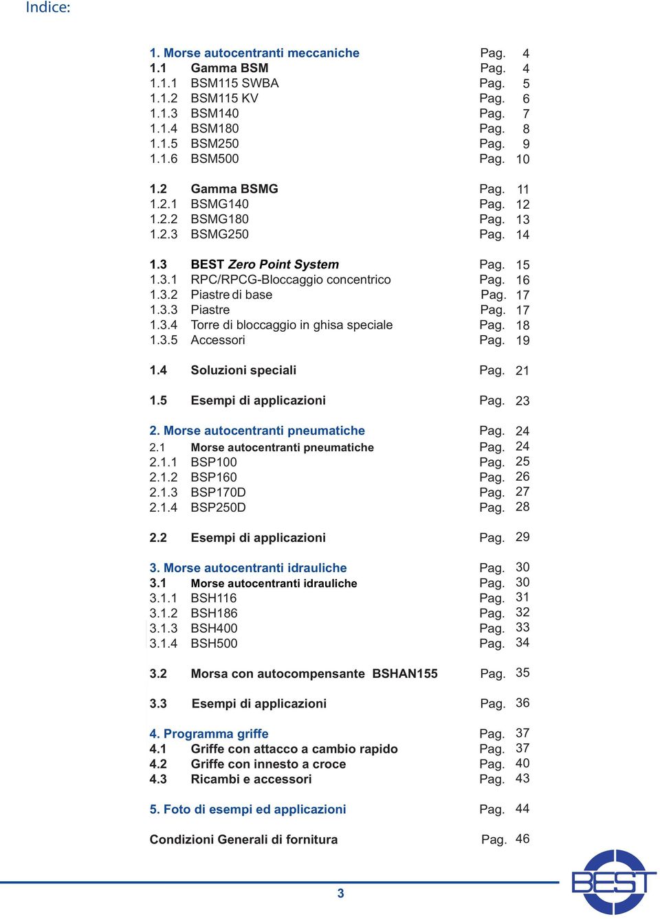 3.2 Morsa con autocompensante BSHAN155 Pag. 3.3 Esempi di applicazioni Pag. 4. Programma griffe Pag. 4.1 Griffe con attacco a cambio rapido Pag. 4.2 Griffe con innesto a croce Pag.