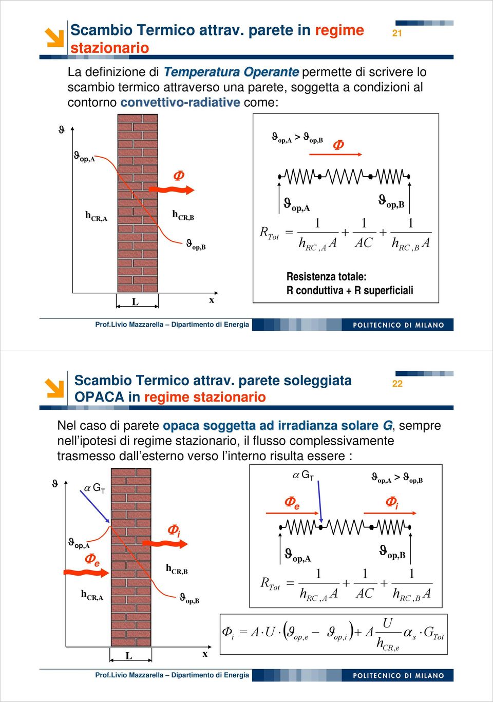 op,a > ϑ op,b Φ Φ h CR,A h CR,B ϑ op,b R Tot ϑ op,a = h RC, A A + AC ϑ op,b + h RC, B A L x Resstenza totale: R conduttva + R superfcal  parete soleggata OPACA n regme stazonaro 22 Nel