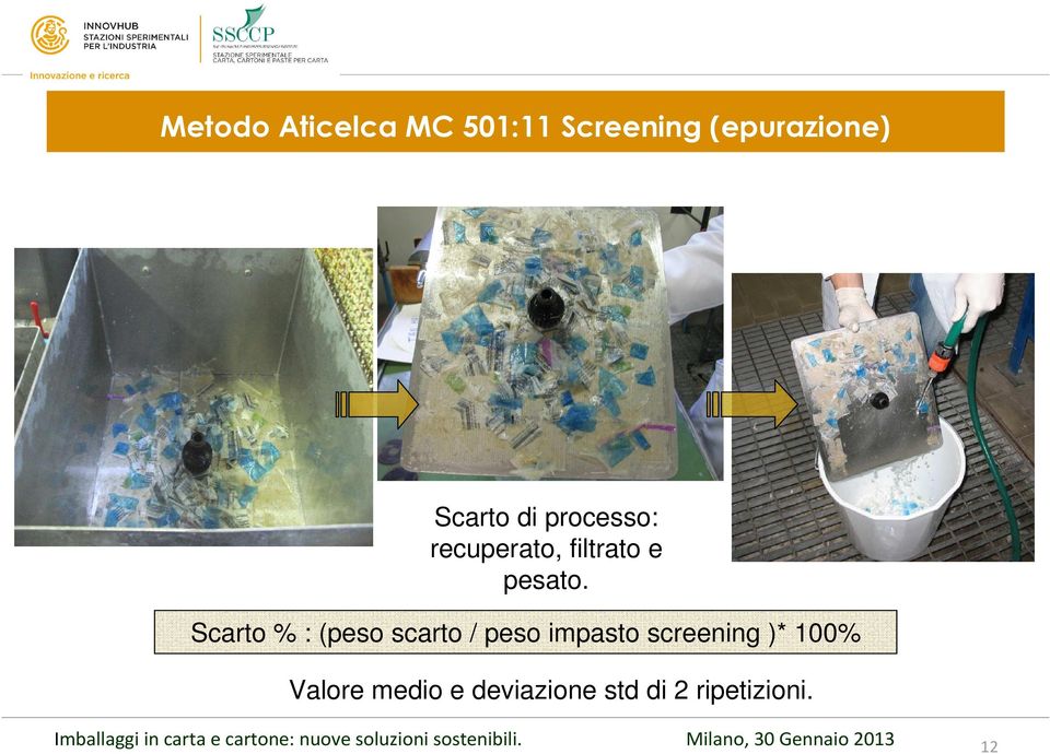 Scarto % : (peso scarto / peso impasto screening )*