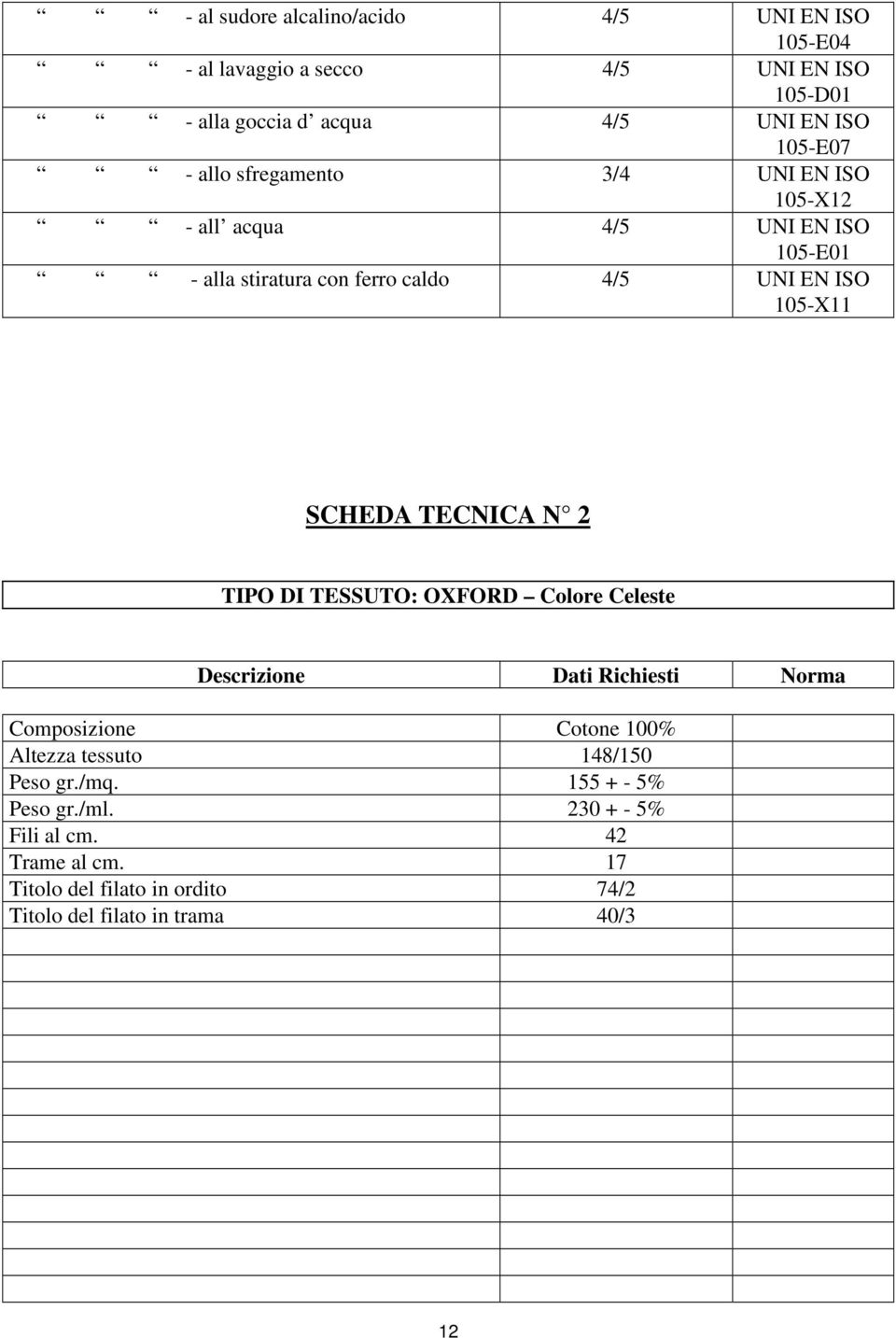 TECNICA N 2 TIPO DI TESSUTO: OXFORD Colore Celeste Descrizione Dati Richiesti Norma Composizione Cotone 100% Altezza tessuto 148/150 Peso