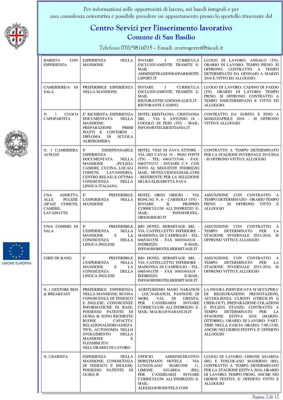 INVIARE I CURRICULA ESCLUSIVAMENTE TRAMITE E- MAIL RISTORANTECADINO@ALICE.IT - RISTORANTE CADINO LUOGO DI LAVORO: CADINO DI FAEDO (TN). ORARIO DI LAVORO: TEMPO PIENO.