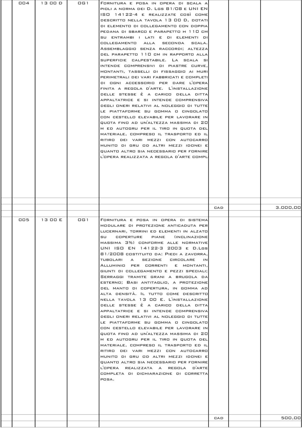 elementi di collegamento alla seconda scala. Assemblaggio senza raccordi; altezza del parapetto 110 cm in rapporto alla superficie calpestabile.