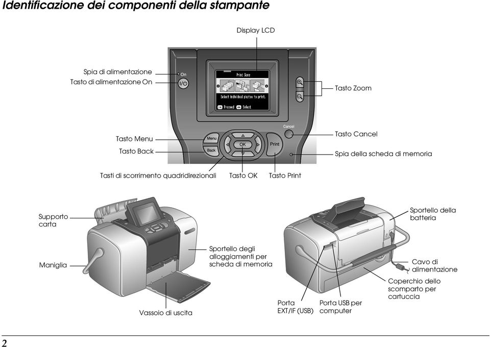 Tasto Print Supporto carta Sportello della batteria Maniglia Vassoio di uscita Sportello degli alloggiamenti per