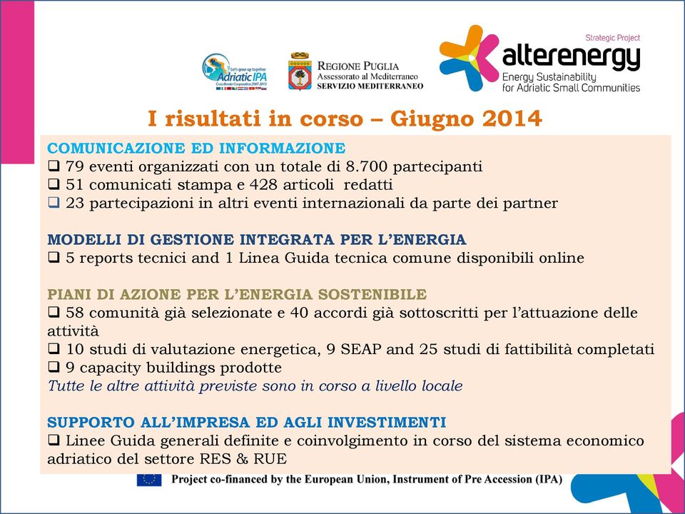 Linea Guida tecnica comune disponibili online PIANI DI AZIONE PER L ENERGIA SOSTENIBILE 58 comunità già selezionate e 40 accordi già sottoscritti per l attuazione delle attività 10 studi di