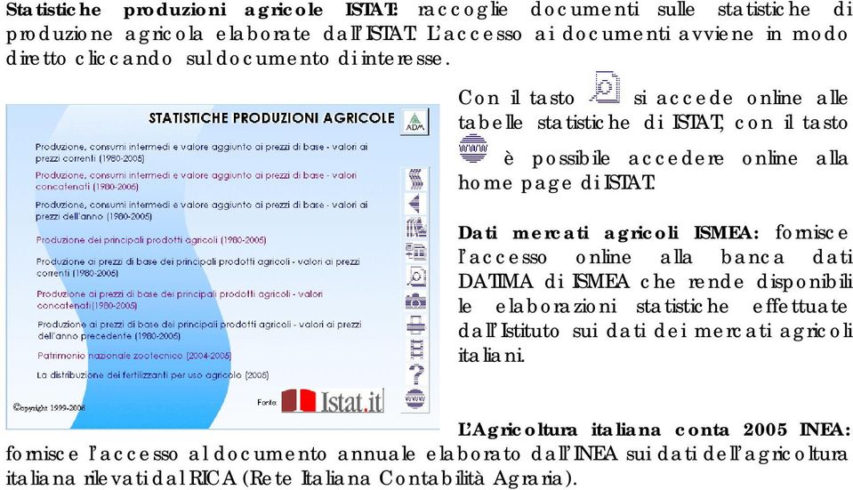 Con il tasto si accede online alle tabelle statistiche di ISTAT, con il tasto è possibile accedere online alla home page di ISTAT.