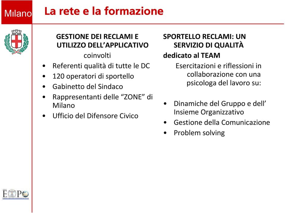 SPORTELLO RECLAMI: UN SERVIZIO DI QUALITÀ dedicato al TEAM Esercitazioni e riflessioni in collaborazione con una