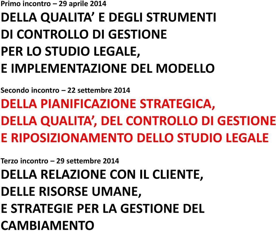 DELLA QUALITA, DEL CONTROLLO DI GESTIONE E RIPOSIZIONAMENTO DELLO STUDIO LEGALE Terzo incontro 29